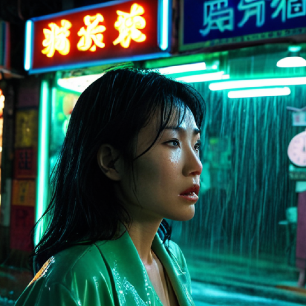 **

A neon-lit Hong Kong street at night. A melancholic woman, Su Lizhen (Maggie Cheung type), stands near a clock shop, the green and blue neon reflecting in her eyes. Rain streaks across the frame. Mambo music playing in the background, unseen. Focus on the loneliness and yearning.

**