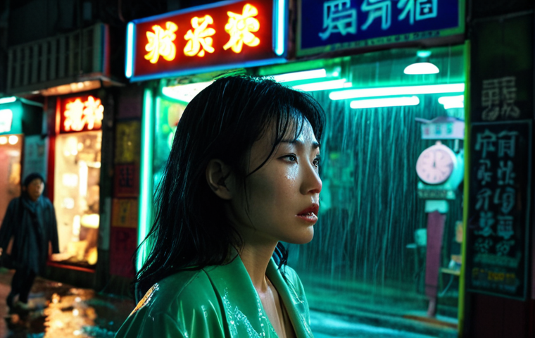 **
A neon-lit Hong Kong street at night. A melancholic woman, Su Lizhen (Maggie Cheung type), stands near a clock shop, the green and blue neon reflecting in her eyes. Rain streaks across the frame. Mambo music playing in the background, unseen. Focus on the loneliness and yearning.
**
