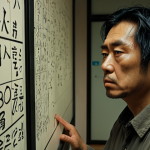 **

Prompt: A dimly lit, minimalist Japanese apartment interior. Ishigami, a man with a determined but weary face, stands before a complex mathematical equation scribbled on a whiteboard. Rain streaks down the window outside. Focus on creating a sense of psychological tension and intellectual struggle. Use muted, somber colors.

**