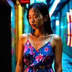 **

A lone woman in a vibrant, floral dress stands in a narrow, rain-slicked alleyway in Hong Kong. Neon signs cast a blurry, colorful glow on her face. She looks down, her expression conveying a deep sense of longing and solitude. The image should evoke a feeling of claustrophobia and unfulfilled desire. Think "In the Mood for Love" aesthetic, but with a Polish sensibility for introspective melancholy, like a modern, urban interpretation of a character from a film by Kieślowski. Use slow motion and selective focus to highlight the woman's emotional state and the textures of the urban environment.

**